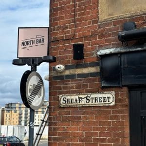 Electrical fit-out for Leeds bar on Sheaf Street Sign With Outdoor Lighting Square